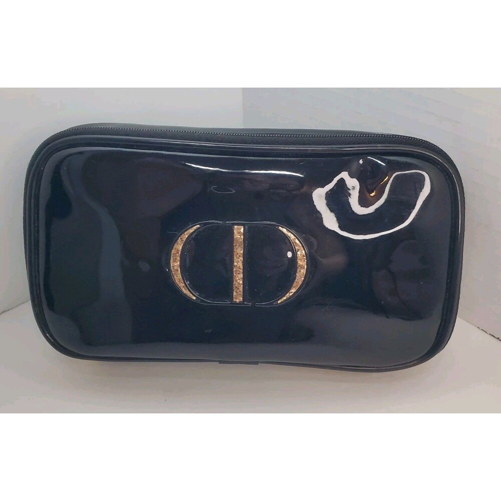Christian Dior Black Patent Leather Make Up Brush Case Gold Glitter CD Logo